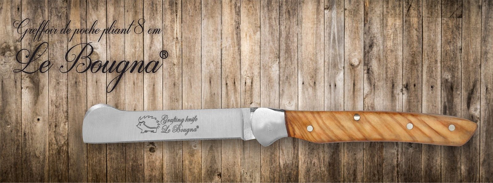 Olive Wood Handle Flat-Blade Grafting Knife – 8 cm Handle, Inox Bolster