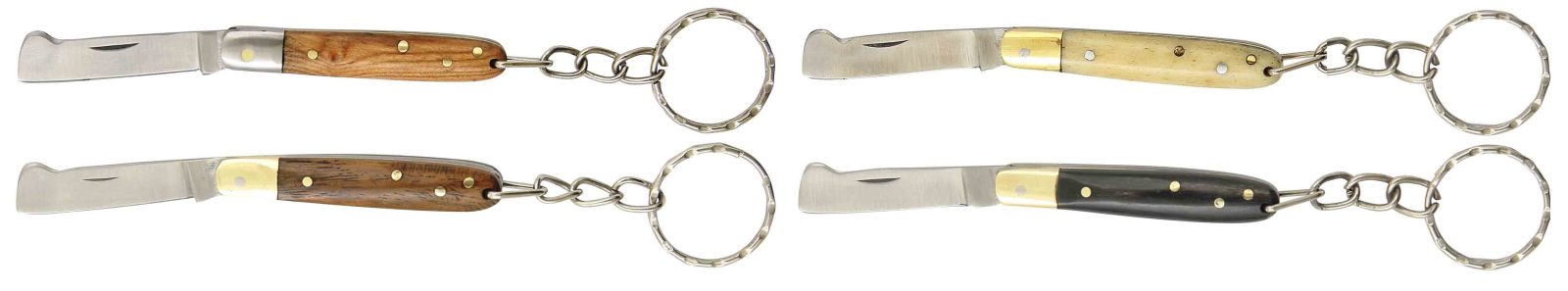 Four grafting knife keychains grouped by handle color: light wood, white bone, dark wood and black horn