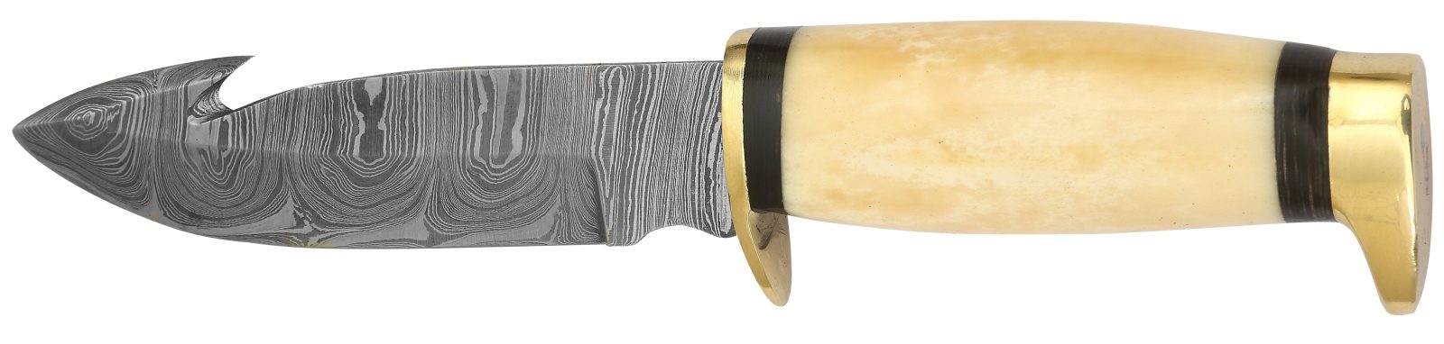 Damascus Skinning Knife with Gut Hook, White Bone Handle & Brass Fittings – 10.5 cm Handle, Leather Case Included