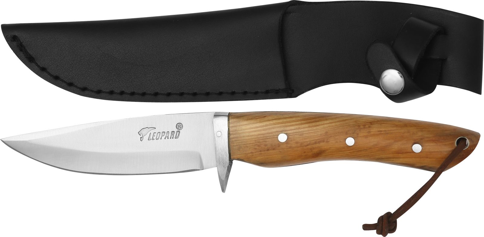 Fixed Blade Knife with Olive Wood Handle – 13 cm Handle, Inox Bolster, Leather Case Included