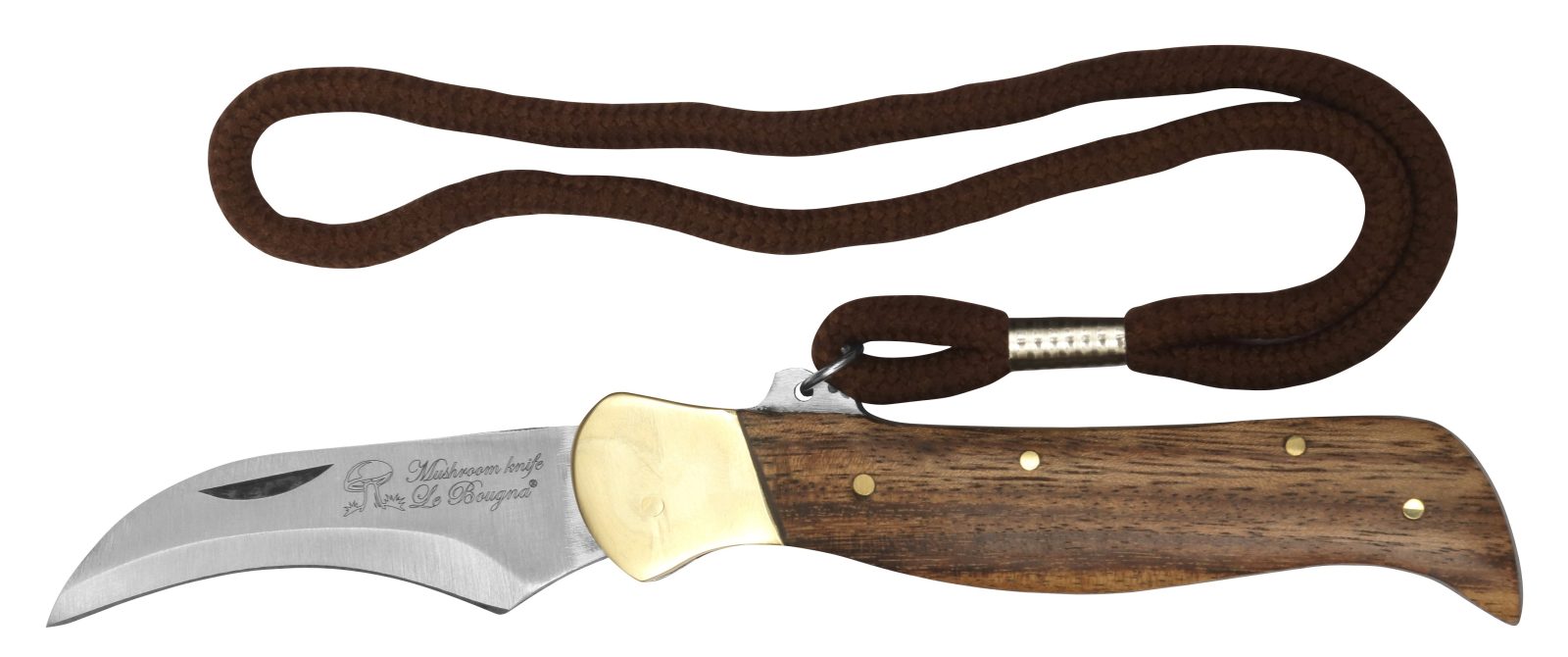 Acacia Wood Handle Mushroom Knife with Cord Lanyard – 12 cm Handle, Brass Bolster