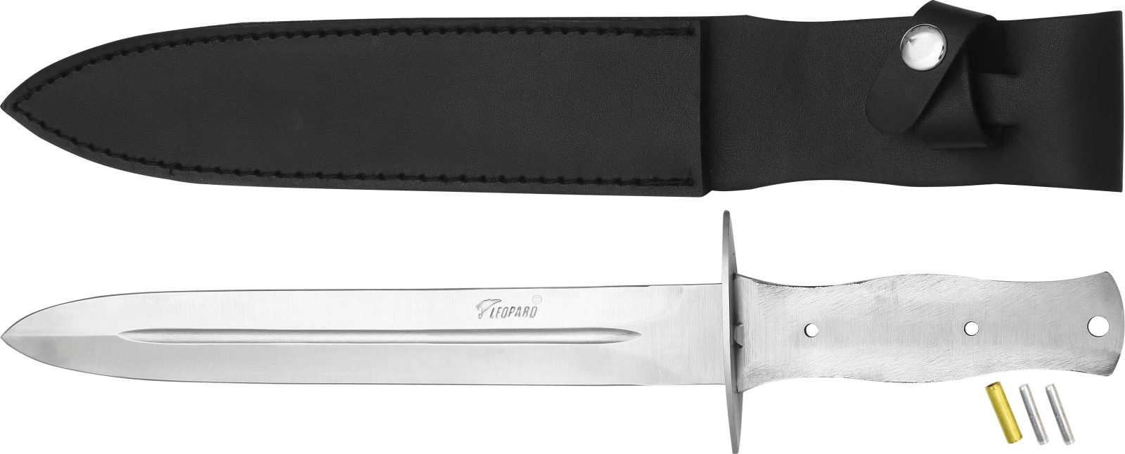 Unfinished stainless steel dagger blade blank with bare tang and loose mounting rivets, shown with black leather sheath