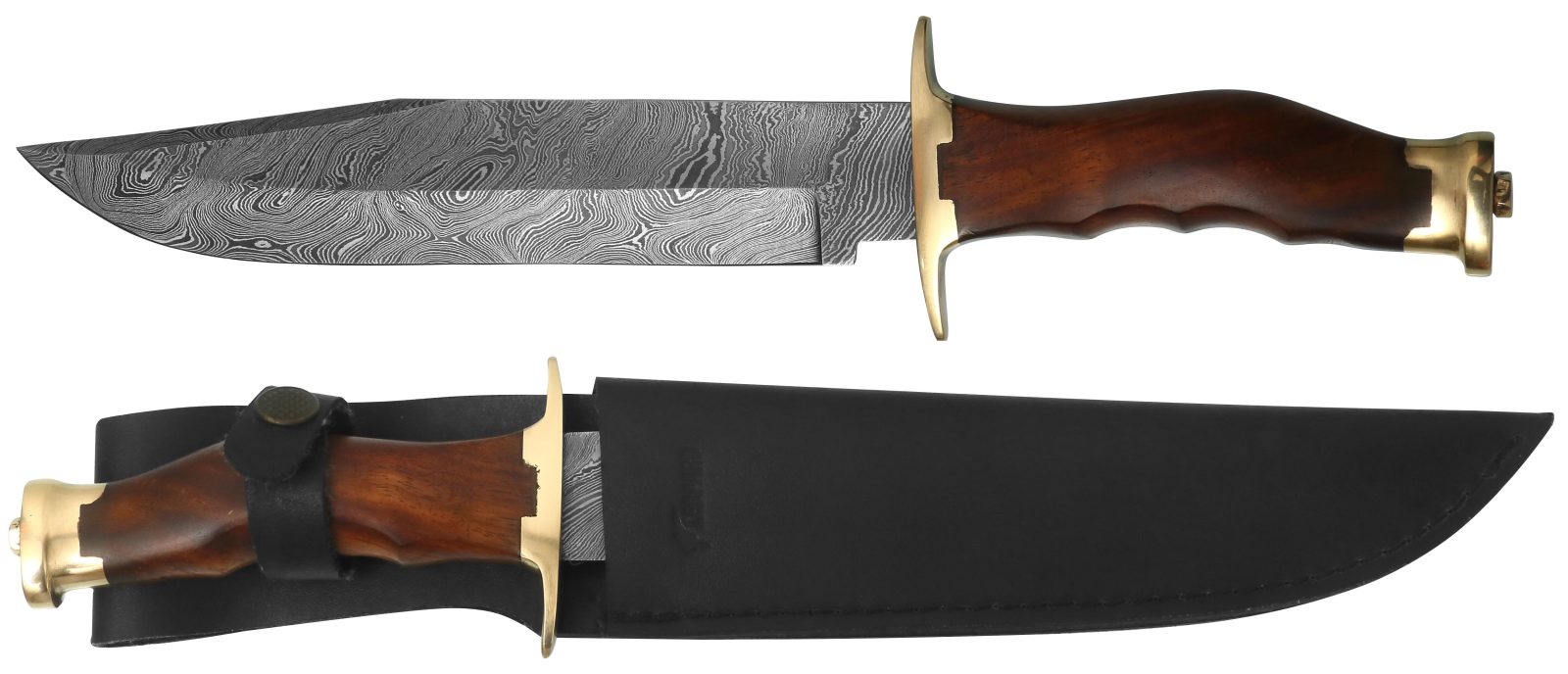 Damascus Fixed Blade Bowie Knife with Brass Guard & Walnut Wood Handle – 12.9 cm Handle, Leather Case Included
