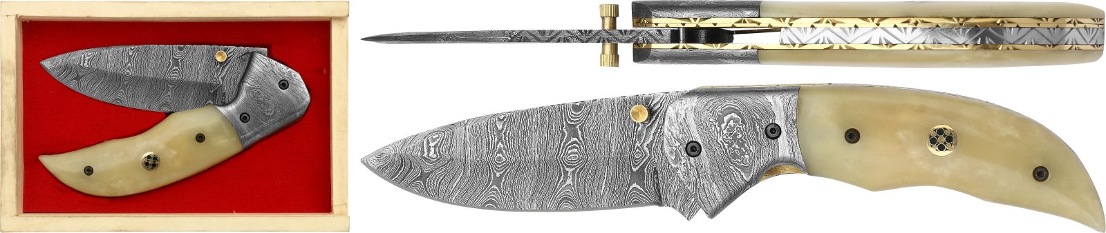 Damascus Blade Folding Knife with Engraved Brass Bolster & White Bone Handle – 12 cm Handle, Wooden Box Included