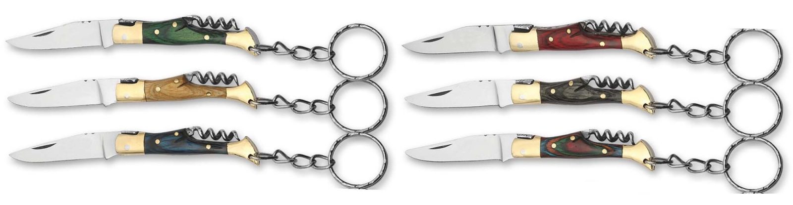 Corkscrew knife keychains grouped in two columns of three, assorted colored wood handles