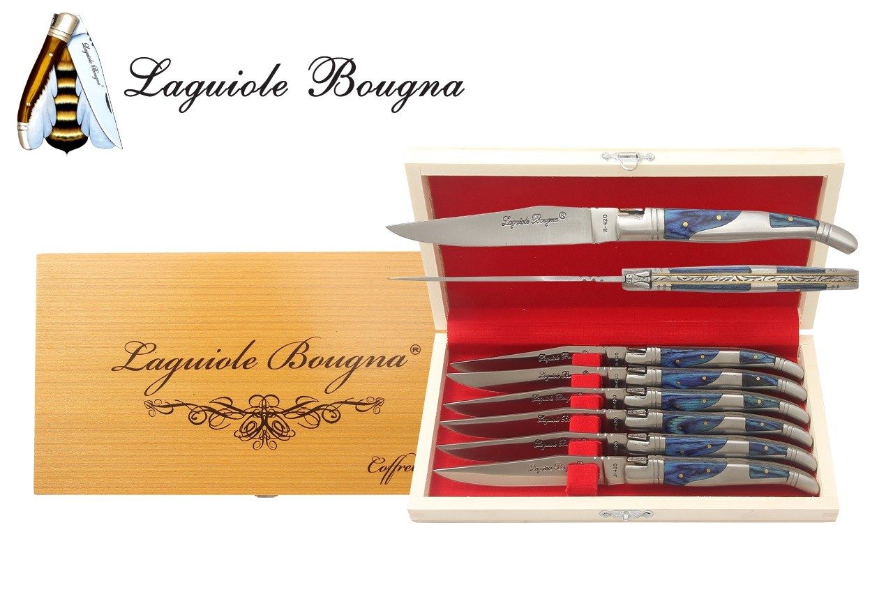 Blue Dyed Wood Handle Table Knife Set – 12 cm Handle, Set of 6 with Sharpening Steel