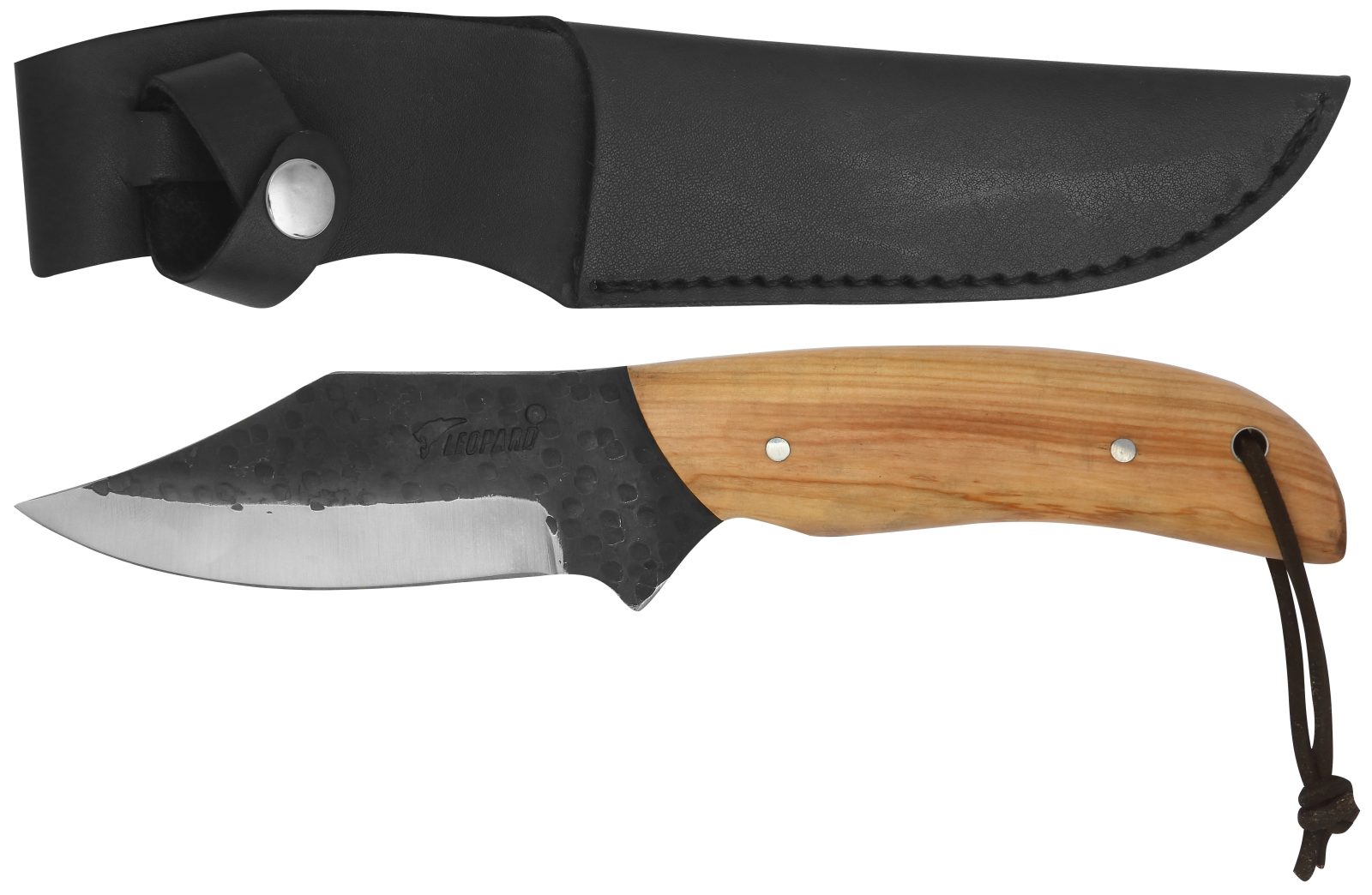 Fixed-blade knife with hammered black blade finish and olive wood handle, shown with black leather sheath