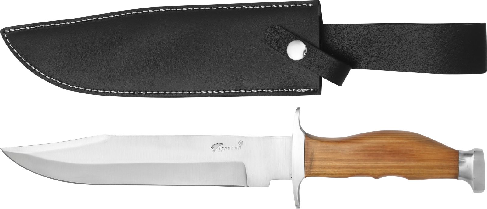 Fixed Blade Bowie Knife with Ridged Wood Grip – 12.9 cm Handle, Leather Case Included