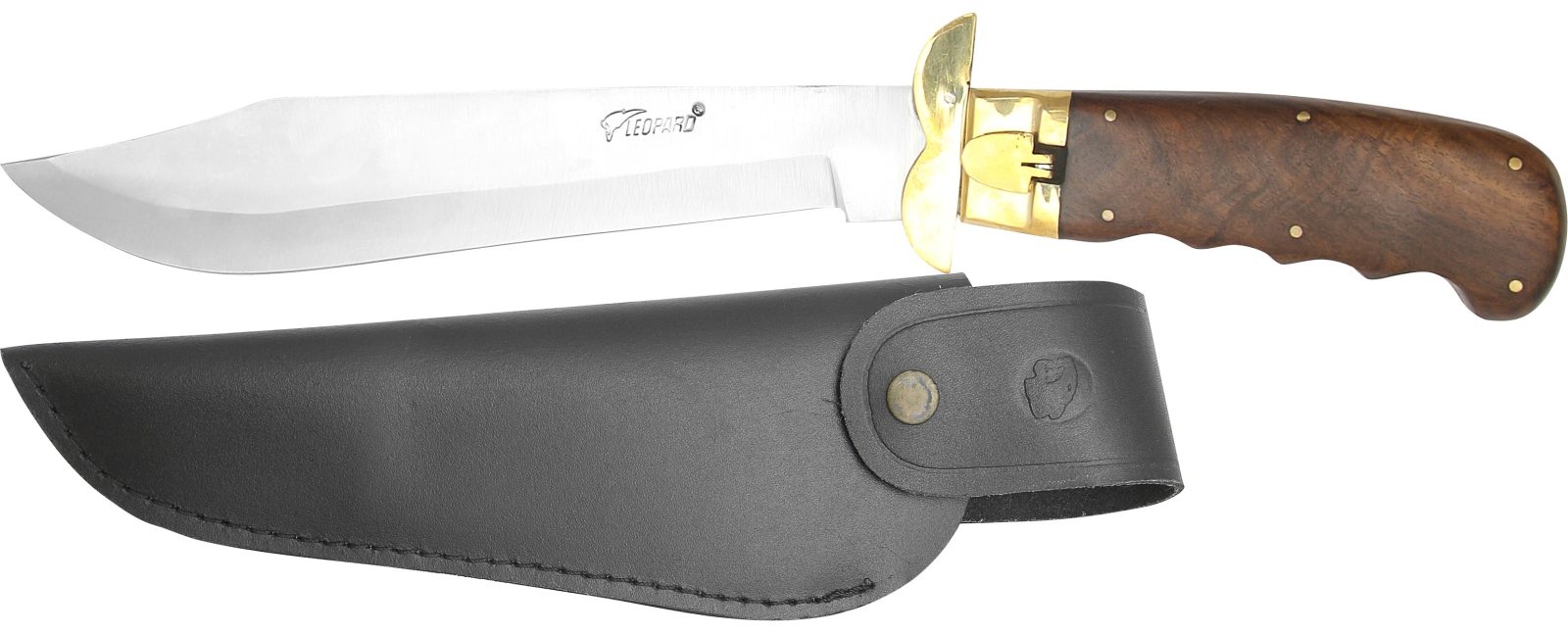 Fixed Blade Bowie Knife with Full Brass Guard & Burl Wood Handle – 15.4 cm Handle, Leather Case Included