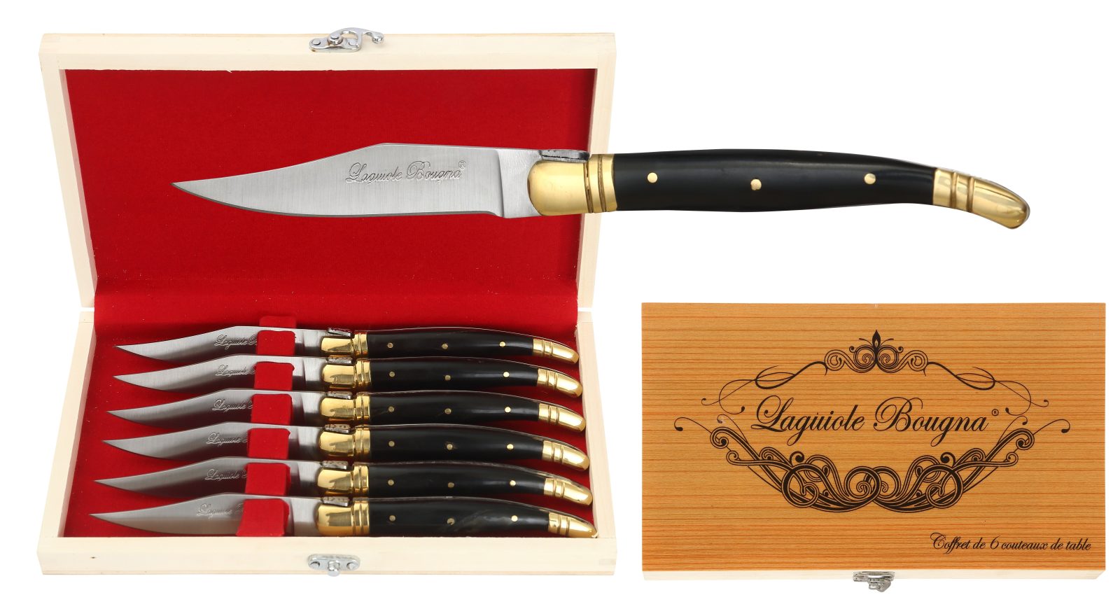 Black Horn Handle Table Knife Set – 12 cm Handle, Brass Bolster, Set of 6