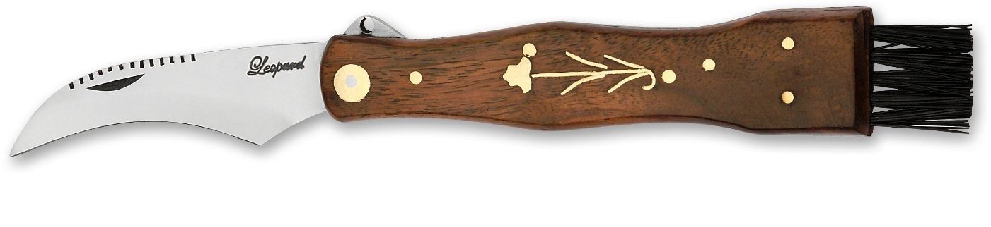 Dark Wood Handle Mushroom Knife with Brass Floral Inlay – 12 cm Handle, Built-In Cleaning Brush