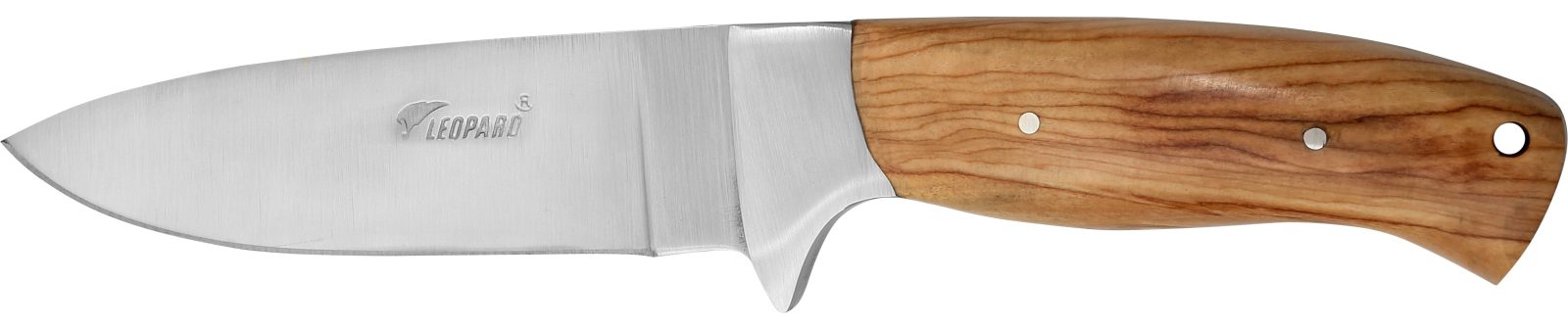 Fixed-blade hunting knife with golden teak wood handle and inox bolster