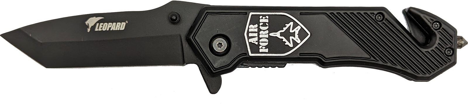 Tactical Folding Knife with Grooved Black Handle & Glass Breaker – 11.7 cm Handle