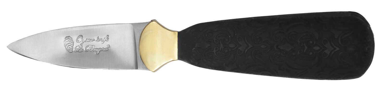 Baroque-Embossed Black Rubber Handle Oyster Knife – 10 cm Handle, Brass Bolster