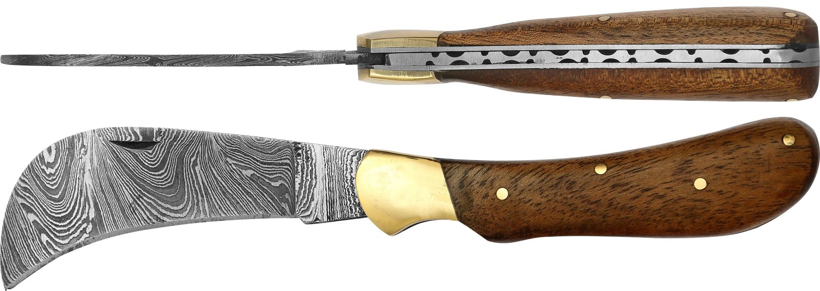 Damascus Blade Pruning Knife with Rich Wood Handle – 10 cm Handle, Brass Bolster
