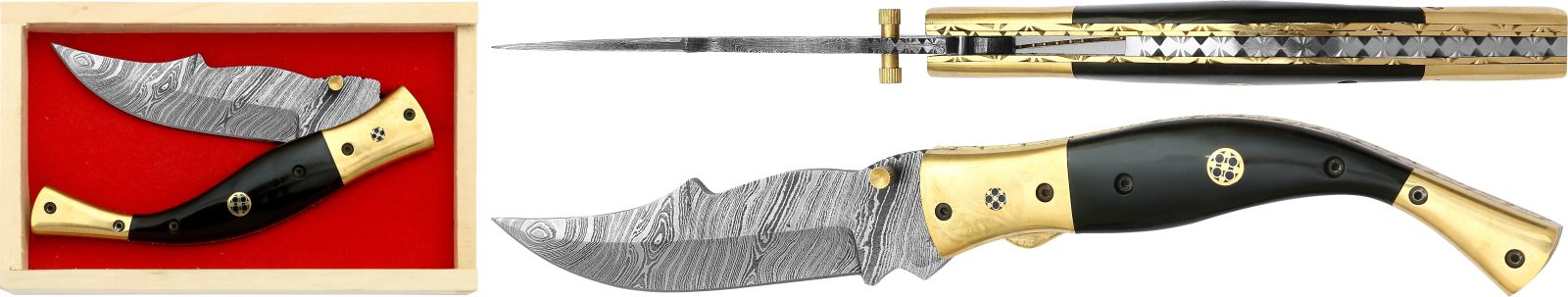 Damascus Tanto Blade Folding Knife with Black Horn Handle – 14 cm Handle, Wooden Box Included