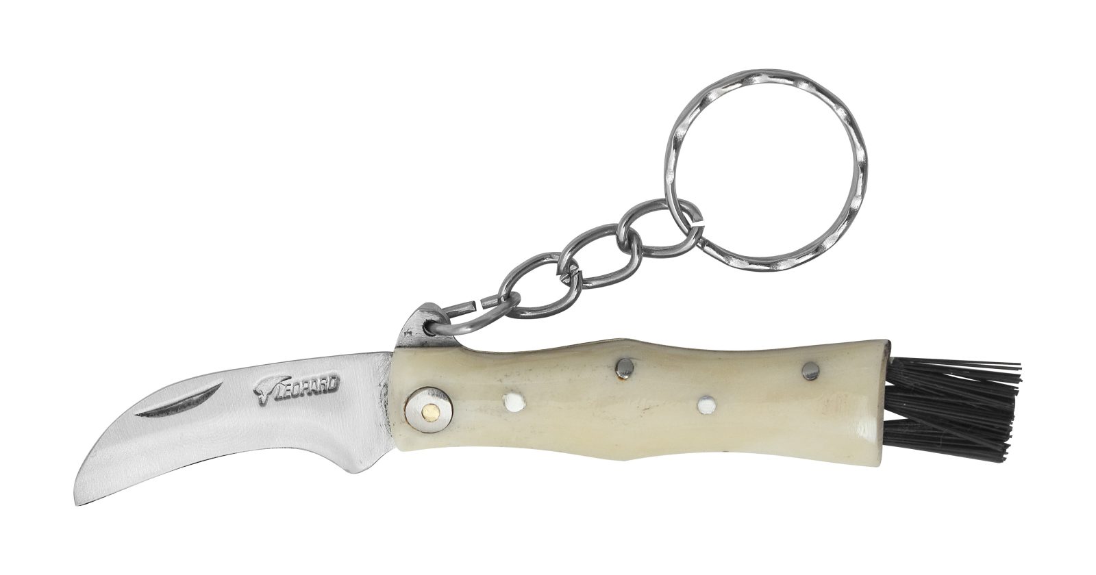 White Bone Handle Mushroom Folding Knife Keychain – 6 cm Handle, Cleaning Brush