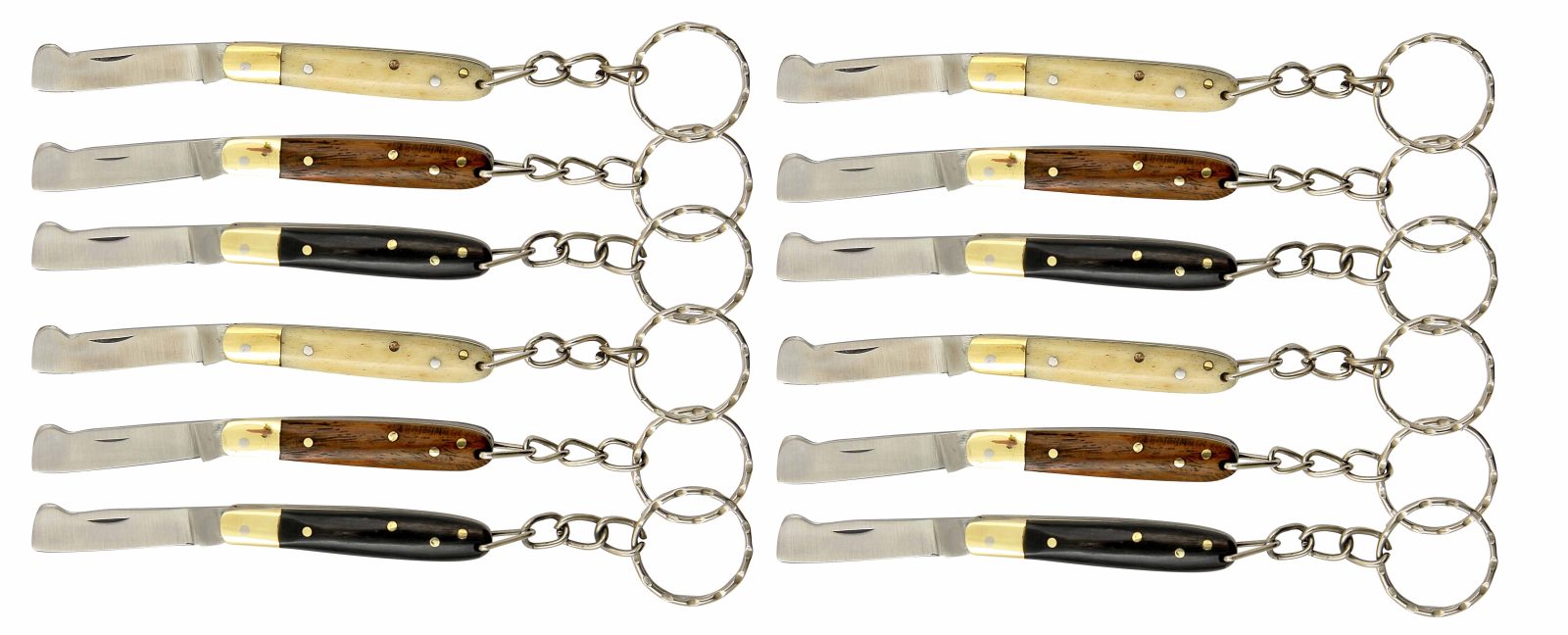 Twelve grafting knife keychains arranged in two columns, alternating bone, wood and horn handles