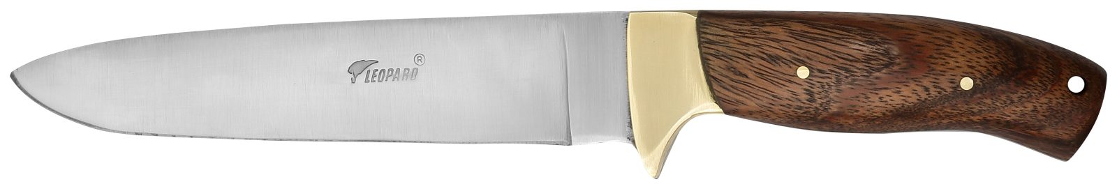 Fixed-blade hunting knife with long blade, acacia wood handle and brass bolster