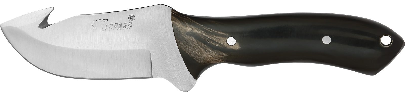 Fixed Blade Skinning Knife with Gut Hook & Dark Horn Handle – 10.6 cm Handle, Leather Case Included