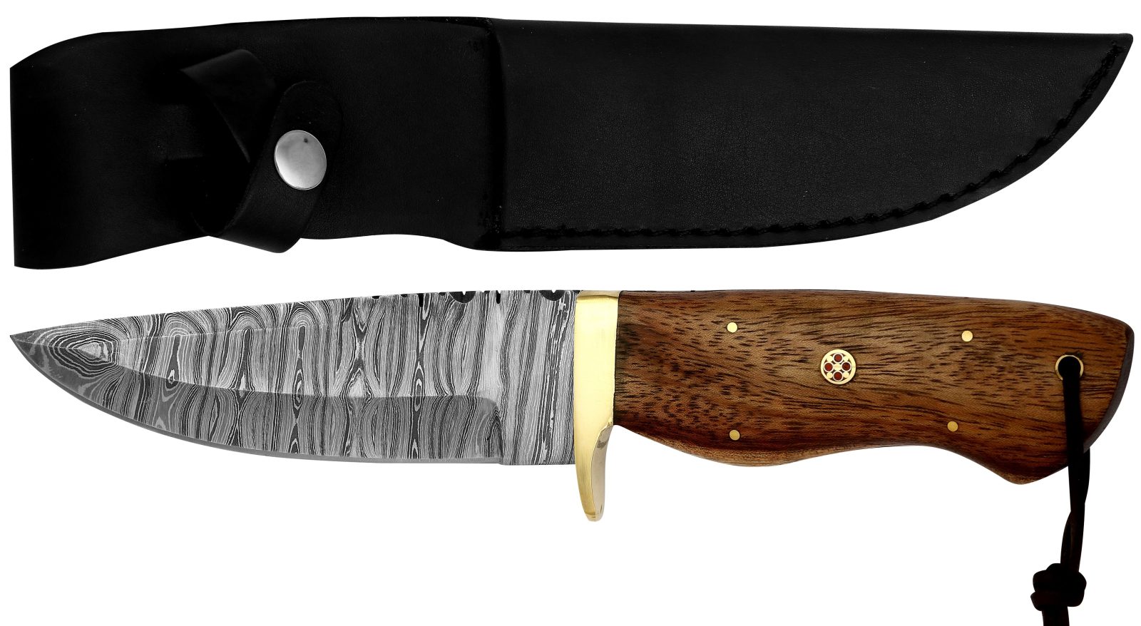 Damascus Fixed Blade Knife with Dark Acacia Wood Handle & Gem Inlay – 13 cm Handle, Brass Bolster, Leather Case Included