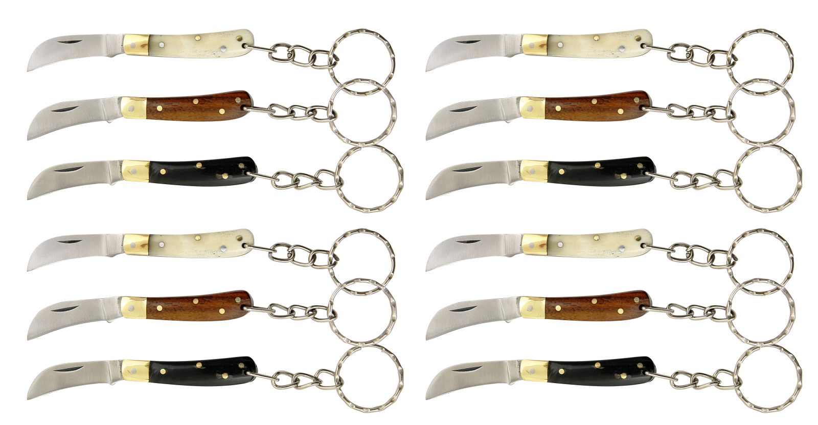 Assorted pruning knife keychains arranged in two rows showing bone, wood and horn handle colors