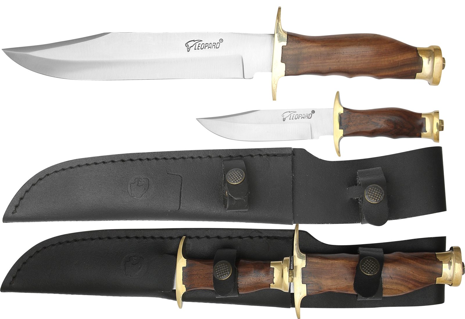 Large and small Bowie knife duo set with matching brass guards and wood handles, shown with two black leather sheaths
