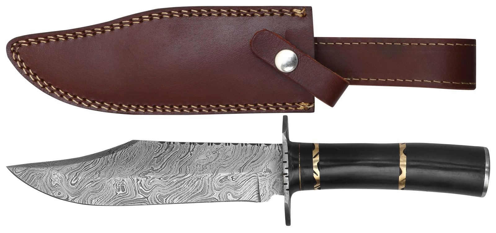 Damascus Fixed Blade Bowie Knife with Black Horn Handle & Brass Bands – 13 cm Handle, Leather Case Included