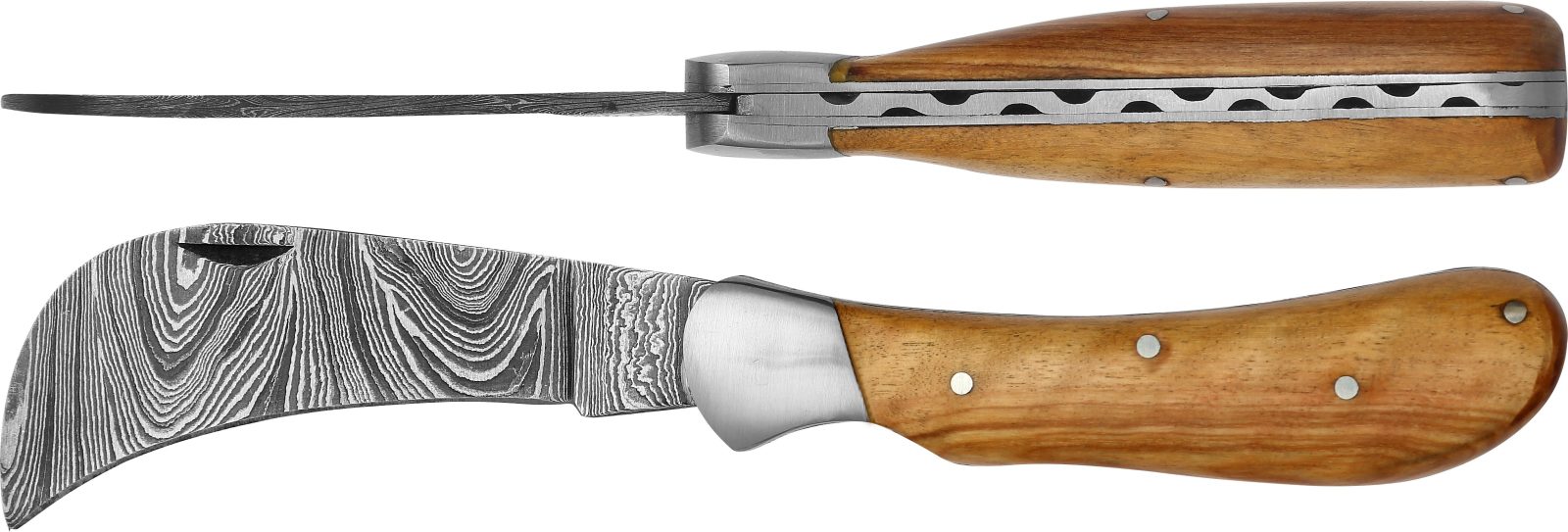 Damascus Blade Pruning Knife with Teak Wood Handle – 10 cm Handle, Inox Bolster