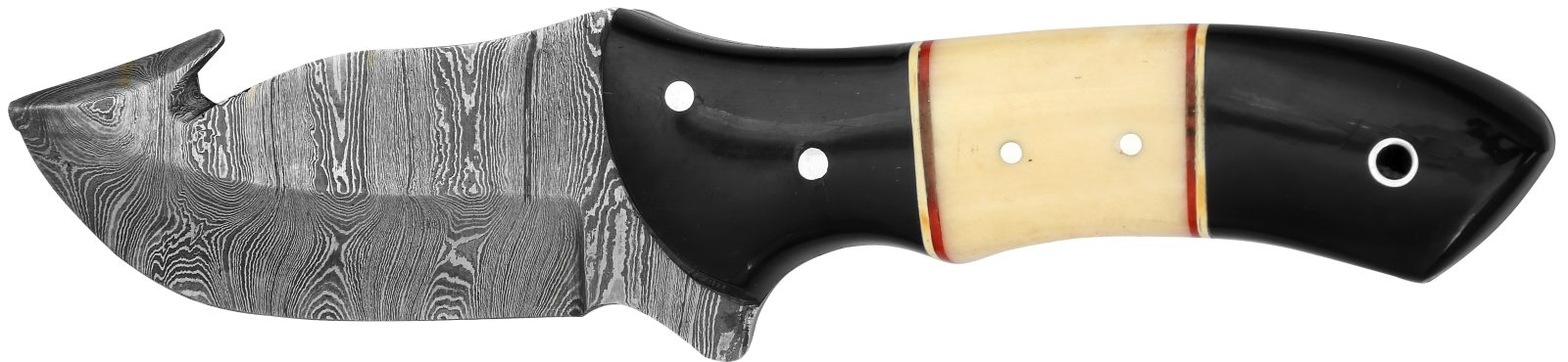 Damascus steel fixed-blade skinning knife with gut hook and two-tone black horn and white bone handle