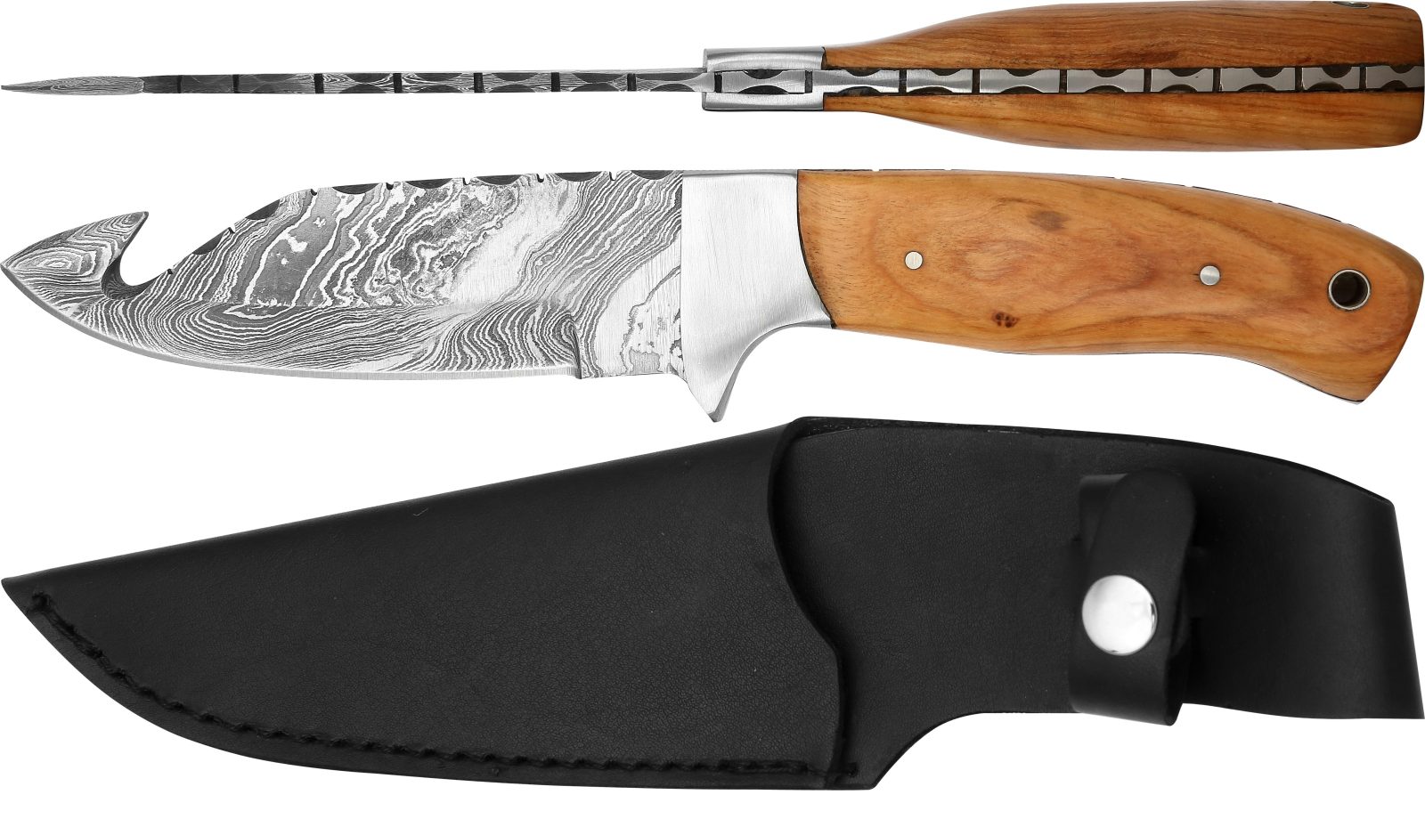 Damascus Fixed Blade Skinning Knife with Gut Hook & Olive Wood Handle – 12 cm Handle, Leather Case Included