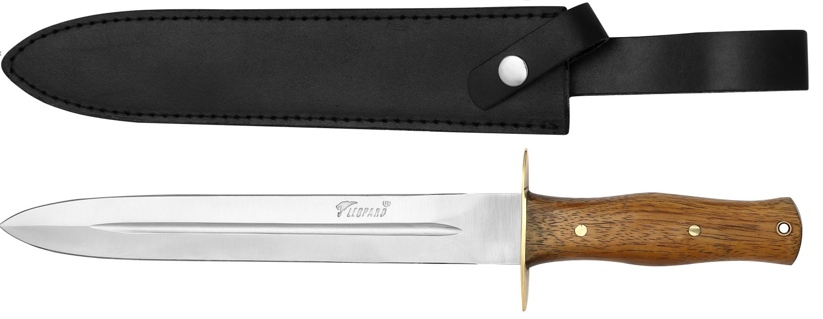 Large double-edged dagger with brass guard and walnut wood handle, shown with black leather sheath