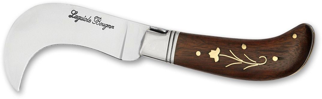 Acacia Wood Handle Pruning Knife with Brass Floral Inlay – 9.4 cm Handle, Inox Bolster