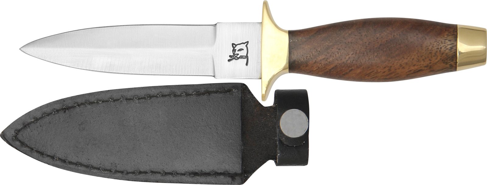 Compact double-edged boot knife with brass guard and walnut wood handle, shown with black leather sheath