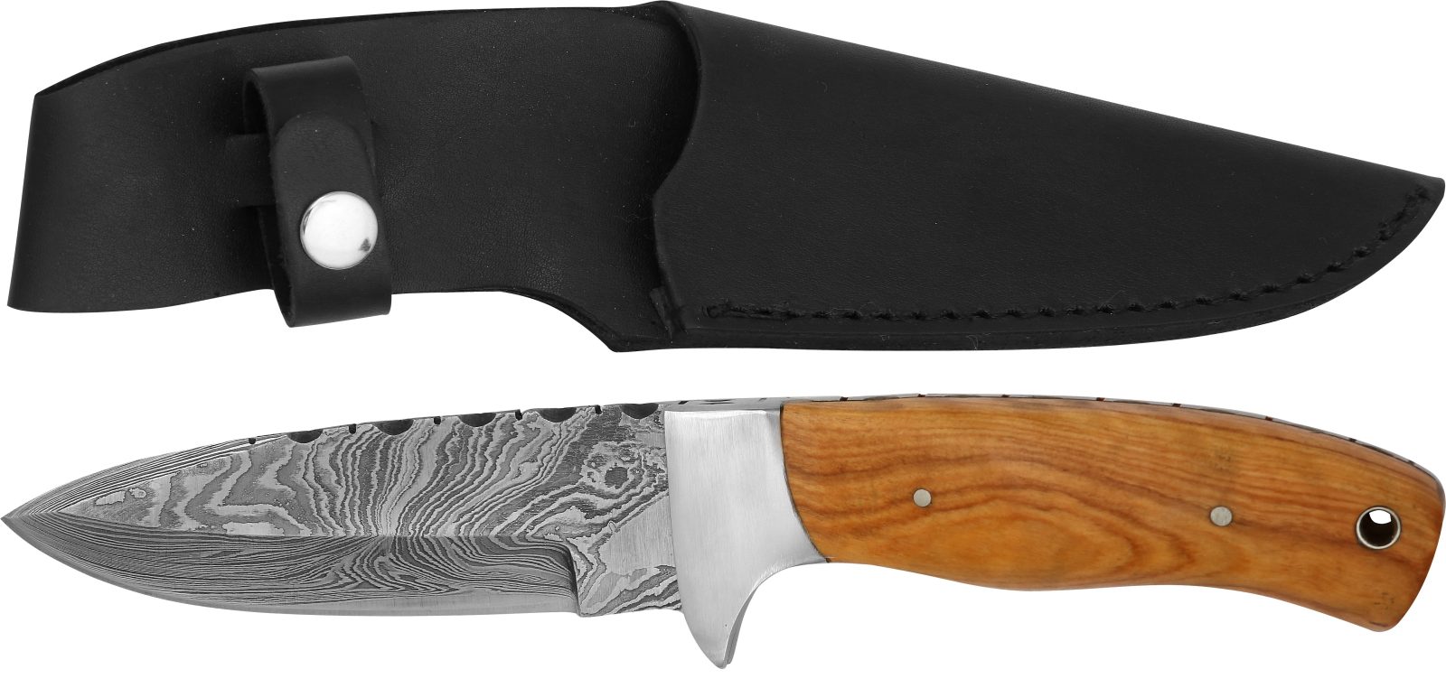 Damascus Fixed Blade Knife with Notched Spine & Olive Wood Handle – 12 cm Handle, Inox Bolster, Leather Case Included