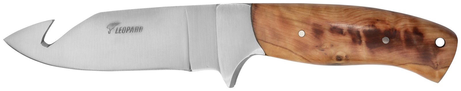 Fixed Blade Skinning Knife with Gut Hook & Burl Olive Wood Handle – 12 cm Handle, Leather Case Included