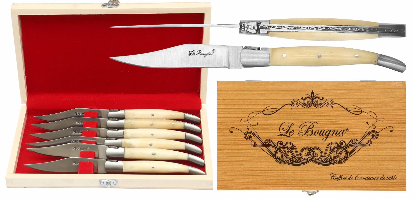 Ivory Bone Handle Table Knife Set – 12 cm Handle, Set of 6 with Sharpening Steel