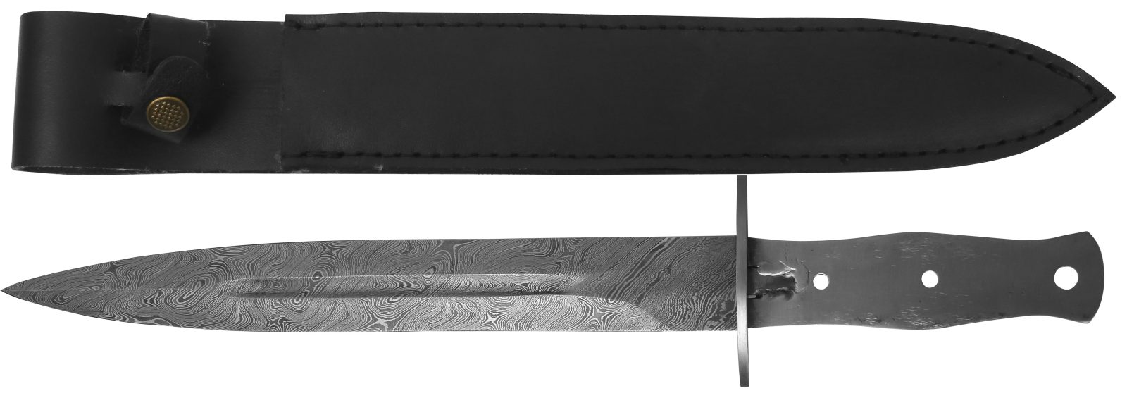 Hand-forged Damascus steel dagger blade blank with fuller and bare wavy tang, shown with black leather sheath