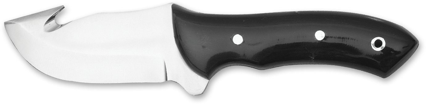 Skinning Knife with Gut Hook & Glossy Black Horn Handle – 10.6 cm Handle, Leather Case Included