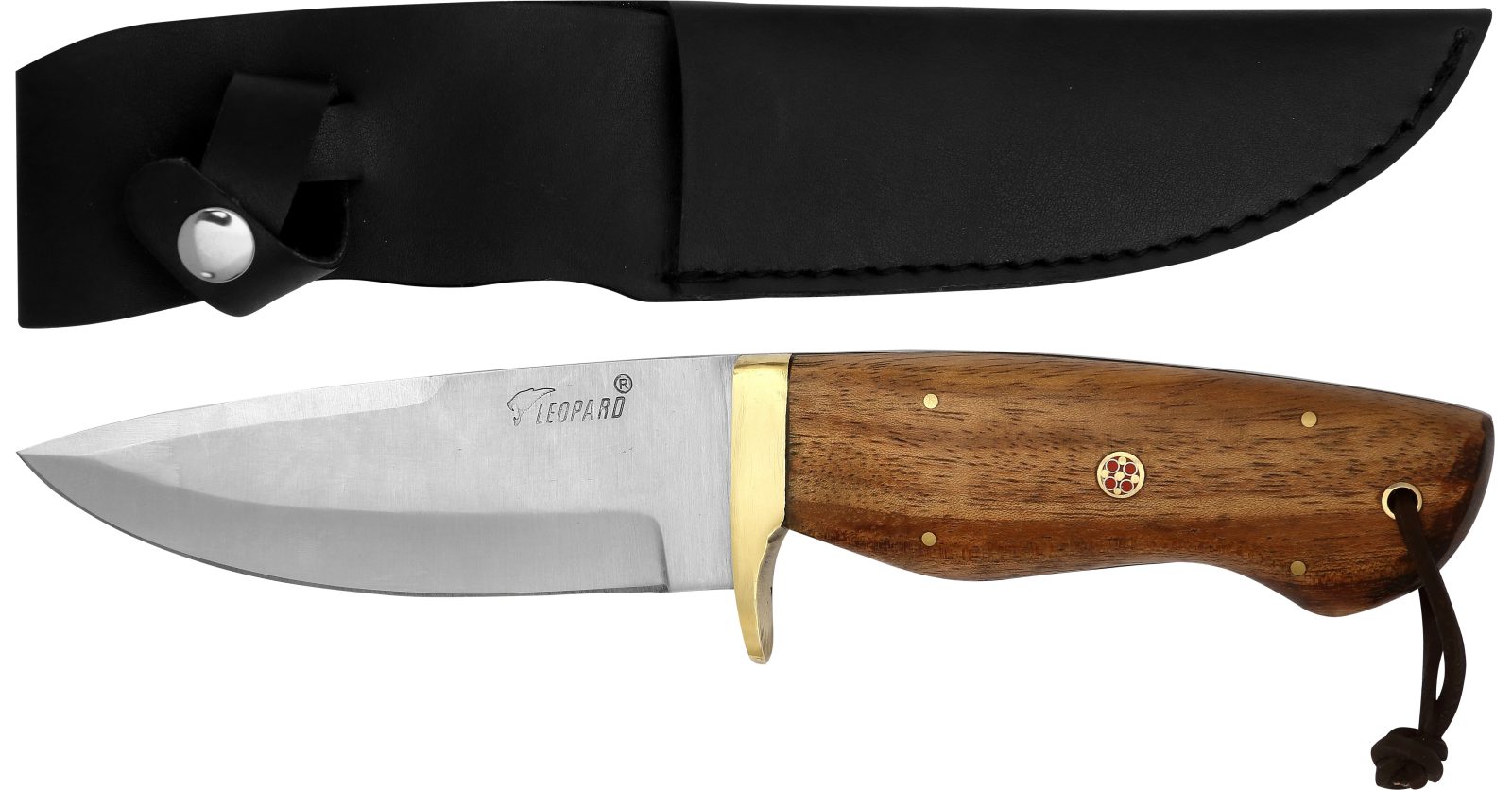 Fixed Blade Knife with Rich Wood Handle & Gem Inlay – 13 cm Handle, Brass Bolster, Leather Case Included