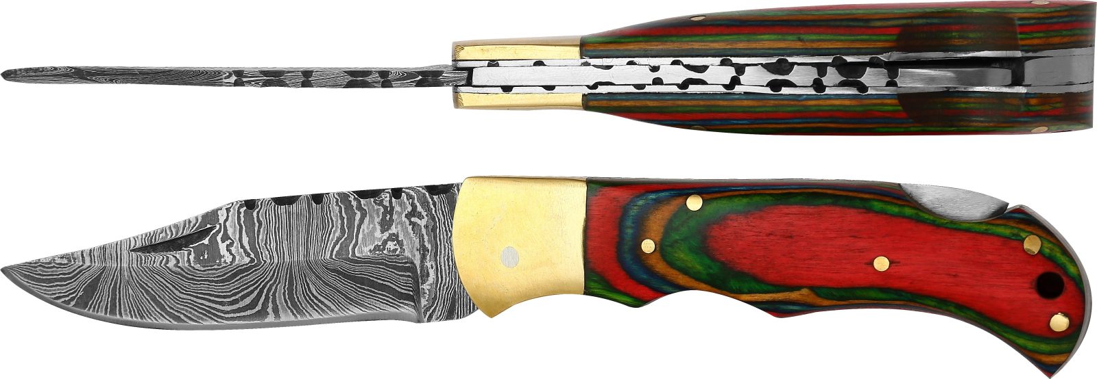 Damascus Blade Folding Knife with Rainbow Wood Handle – 9.5 cm Handle, Brass Bolster