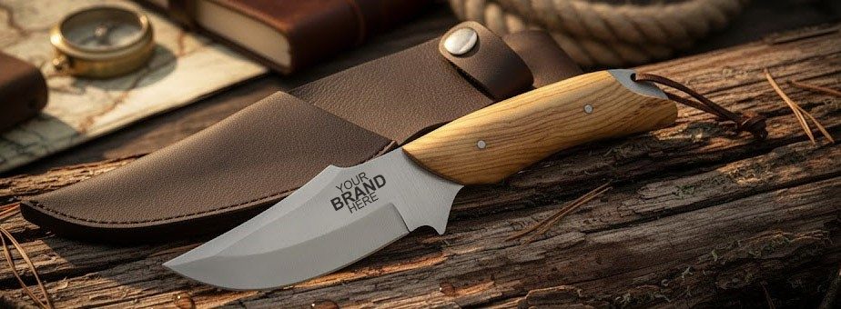 Olive wood handle fixed-blade knife with leather sheath, blade engraved with a private-label placeholder, resting outdoors