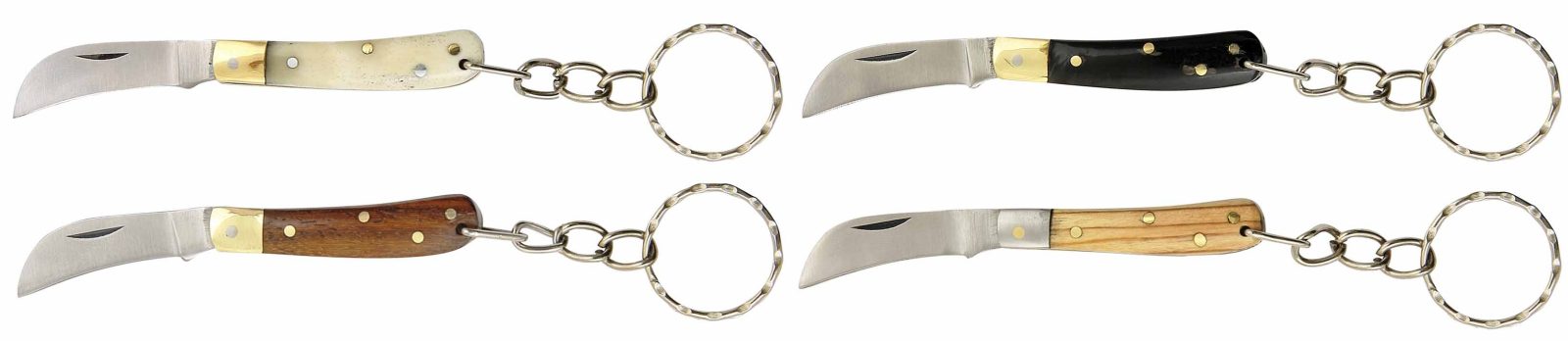 Close-up of four pruning knife keychain handle finishes: white bone, black horn, dark and light wood