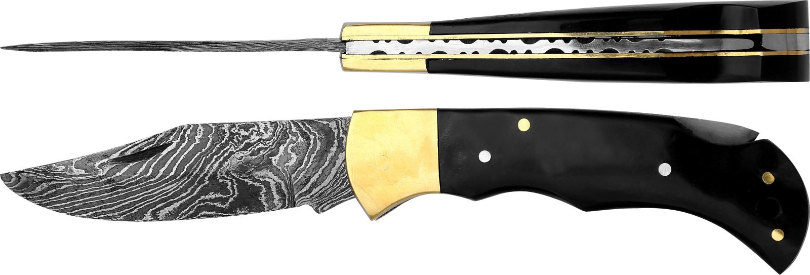 Damascus Blade Folding Knife with Glossy Black Horn Handle – 9.5 cm Handle, Brass Bolster