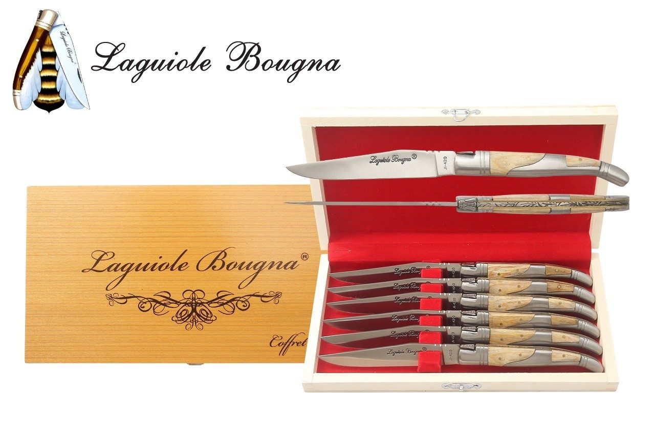 White Oak Handle Table Knife Set – 12 cm Handle, Set of 6 with Sharpening Steel
