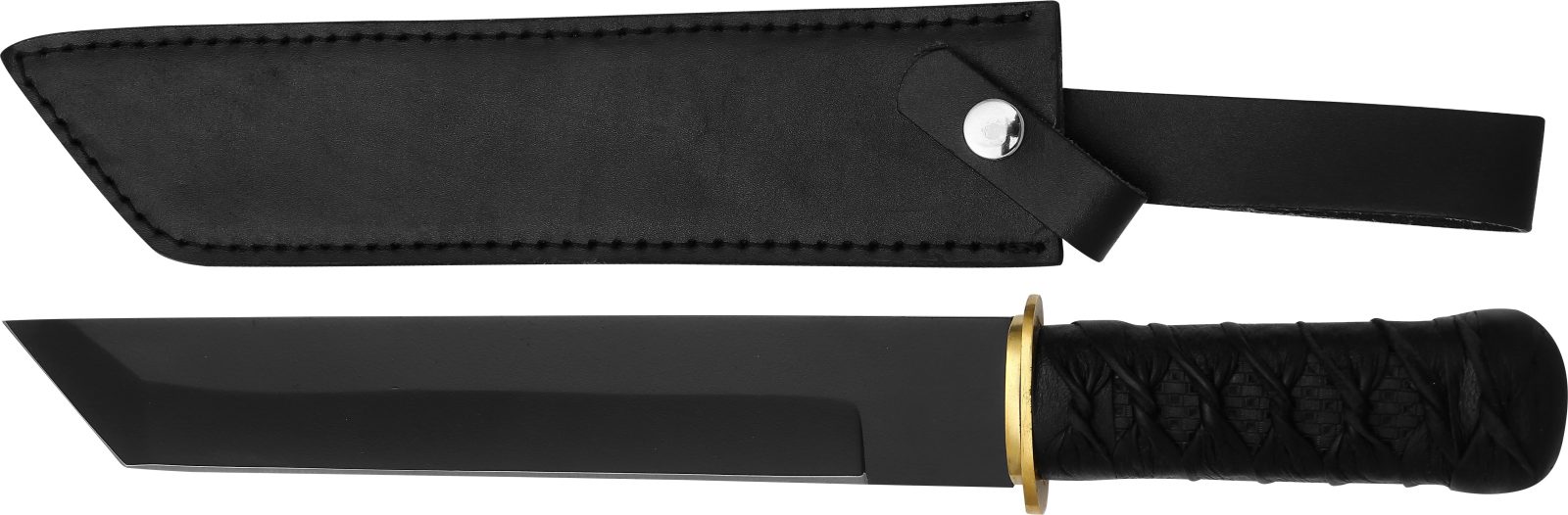 Black-Coated Tanto Blade Knife with Cord-Wrapped Handle – 12.5 cm Handle, Leather Case Included