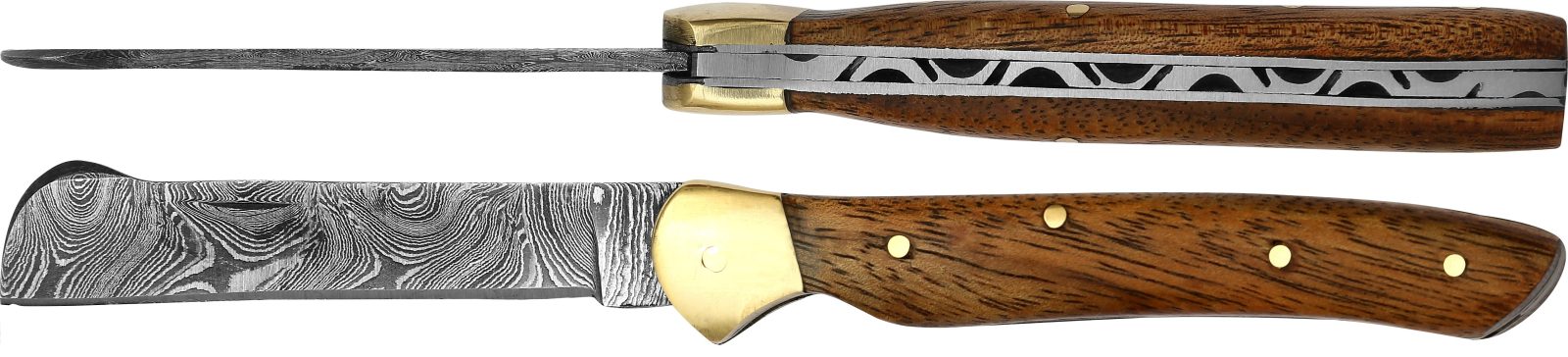 Damascus Blade Grafting Knife with Acacia Wood Handle – 10 cm Handle, Brass Bolster