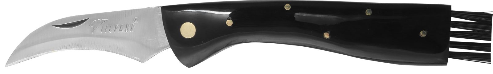 Glossy Black Handle Mushroom Knife – 12 cm Handle, Brass Bolster & Cleaning Brush