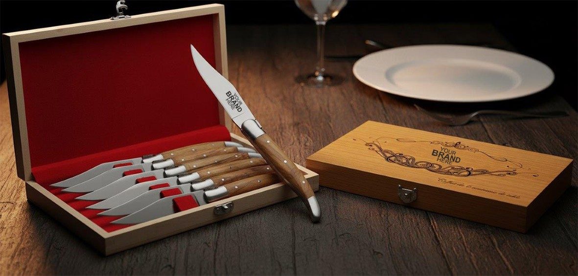 Teak Wood Handle Table Knife Set with White Spacer Accent – 12 cm Handle, Set of 6