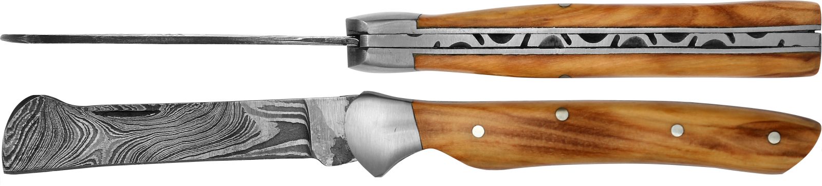 Damascus Blade Grafting Knife with Teak Wood Handle – 10 cm Handle, Scalloped Inox Bolster